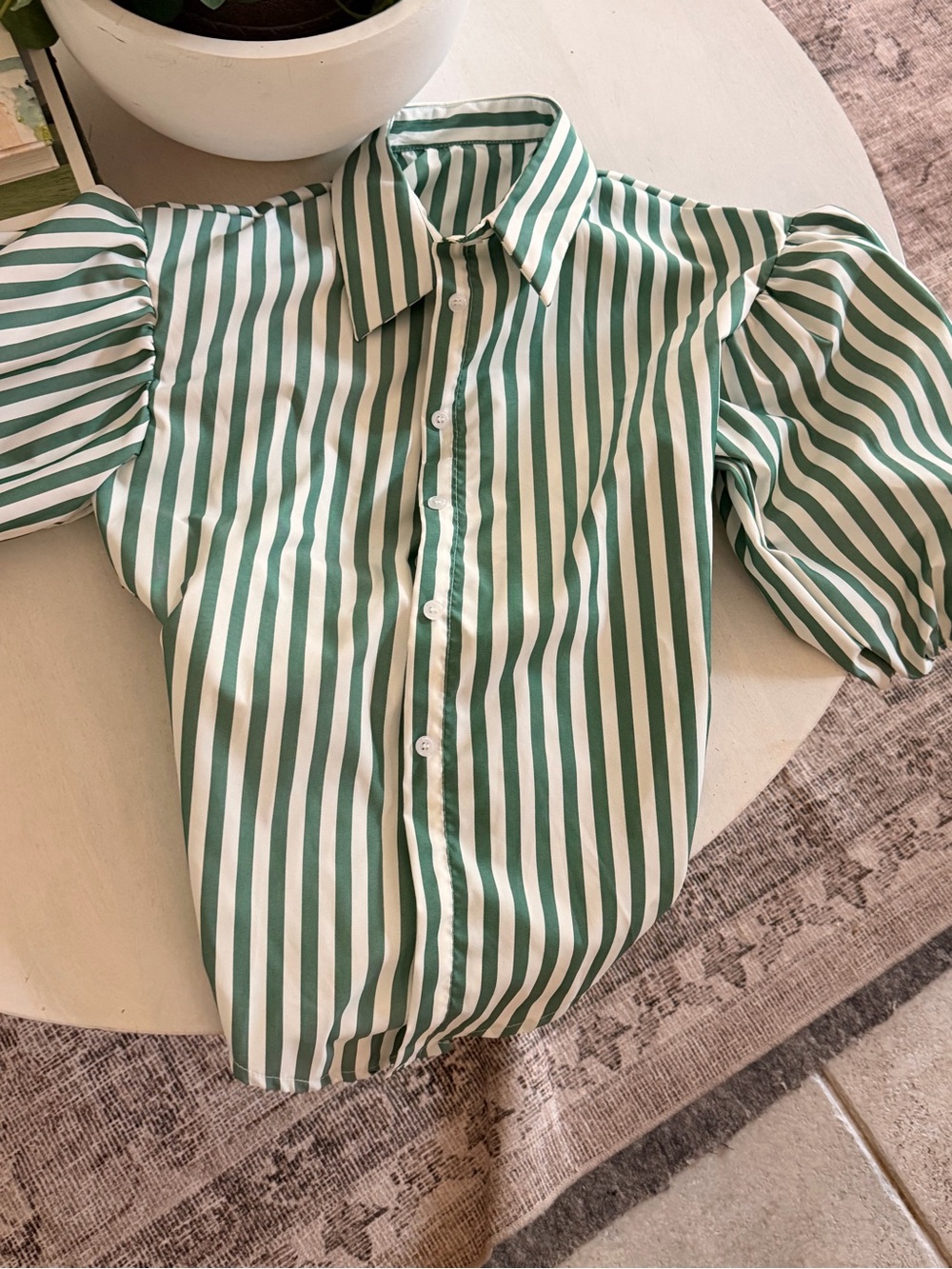 Green & White Striped Puff-Sleeve Shirt. Cut out lower back with bow tie